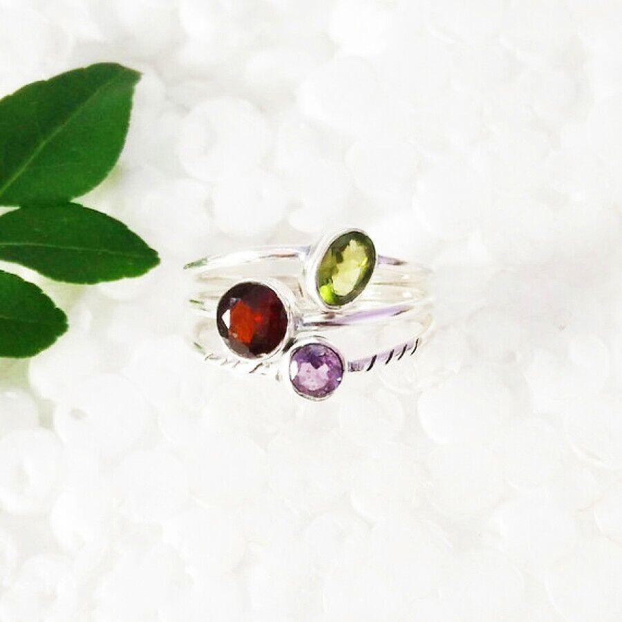 Argent Multi Pierre Bague 925 Massif Handmade Bijoux Précieuse Cadeau pour Elle
