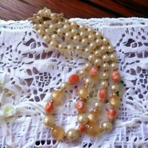 Peach Multi Strand Beaded Necklace Faux Pearl Choker Adjusts Gold Tone Moonglow - £12.57 GBP