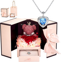 Preserved Red Rose Moss Bear Gifts LED Light 925 Silver Heart-Shaped Necklace - £33.18 GBP+