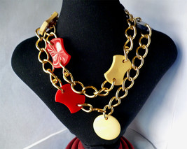 Vintage Carved Bakelite Long Necklace  Red Blue Yellow Gold Tone Chain 37&quot;  - £51.95 GBP