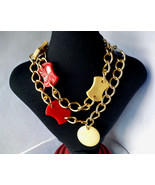 Vintage Carved Bakelite Long Necklace  Red Blue Yellow Gold Tone Chain 37&quot;  - £52.27 GBP