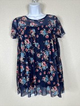 Notations Womens Size M Blue Floral Mesh Lined Stretch Top Short Sleeve - £8.44 GBP