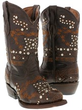 Kids Western Cowboy Boots Brown Leather Cowgirl Studded Embroidered Snip... - $66.49