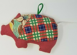 Handmade Christmas Ornament Pig Fabric Dark Red Plaid Floral Vintage 1970s  - $15.15