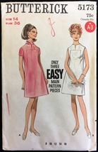 Uncut 1960s Size 14 Bust 36 Easy Dress Front Detail Butterick 5173 Pattern - $6.99