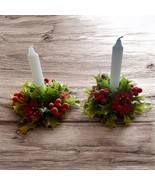 Vintage MCM Set Christmas Plastic Candle Ring w/Holly, Berries, Poinsettia - $21.78