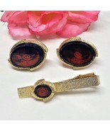 Vintage Czech Glass Gold Tone Cuff Links &amp; Tie Clip Bohemian Set - $24.95