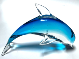 Fifth Avenue Crystal Glass Hand Blown Blue 10&quot;  Dolphin Figurine Paperweight - £22.34 GBP