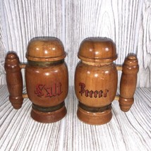 Vintage Wooden Handled Salt &amp; Pepper Shakers Wood Screw On Lids Pub Looking - £6.92 GBP