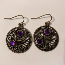 Cookie Lee Earrings Ornate Curly Circle Metal Pierced Dangle Purple Rhinestones  - £15.98 GBP