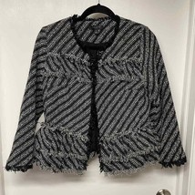 Ann Taylor Black White Striped Tweed Fringe Jacket Womens Size 8P Petite - £30.07 GBP