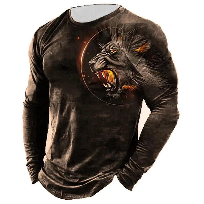 Sporting Animal Lion Print A Cotton Long Sleeve T Shirts For Men Spring Crew Ak  - £25.57 GBP