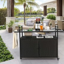 Outdoor Wicker Bar Cart w/Cabinet, Ice Bucket, Steel Top, Wheels - $4,827.56 MXN