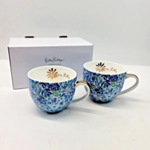 Lilly Pulitzer Blue Floral Coffee Mug High Manetenance Gold Handle Set of 2 NEW - £16.72 GBP