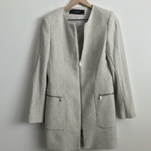 Zara Jacket Womens L Light Gray Herringbone Zip Collarless Longline Professional - £32.68 GBP