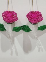 Valentines Day Pink Glitter Rose 4.5&quot; Plastic Tree Ornaments Decor 2pc - £15.81 GBP
