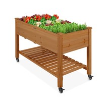 Outdoor Brown Wood Raised Garden Bed Planter Box with Shelf and Locking Wheels - £196.79 GBP
