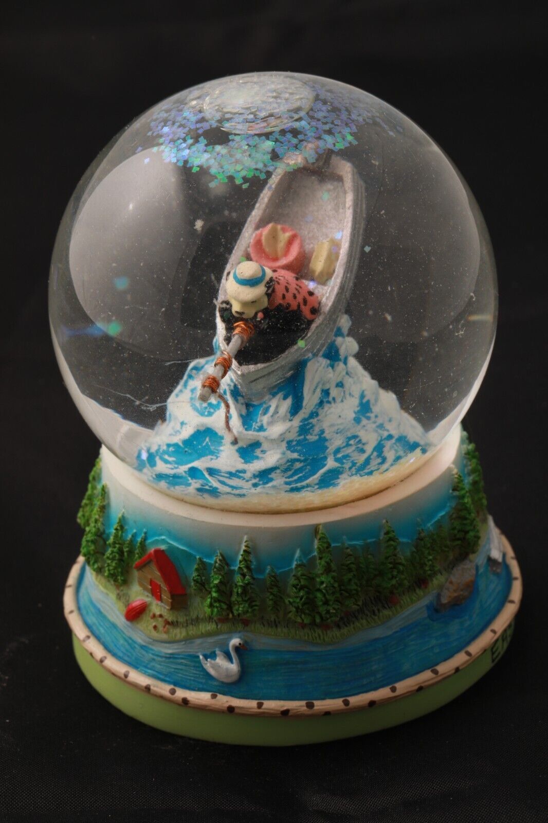 East Tawas Michigan Snow Globe 3.5 Bear Fishing Motor Boat Cabin Decorat... - $9.49