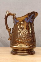 Antique Art Pottery Staffordshire Copper Lustreware Milk Pitcher Lady &amp; Parasol - £35.58 GBP