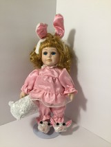Porcelain Doll 9&quot; Tall Collectible Doll Bedtime Pink Bunny Rabbit Pajamas - £4.50 GBP