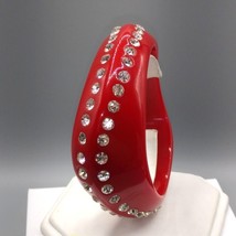 Chunky Red Lucite Wavy Bangle Bracelet, Crystal Studded Bling, Assymetrical Funk - £36.69 GBP