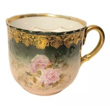 Antique Moustache Mug Green Peach Pink Roses Gilded Accents - $22.99