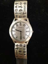 Vintage Fossil Watch Women Silver Tone Blk Leather band Southwest Native Designs - £28.48 GBP