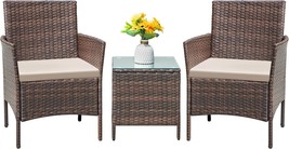 Flamaker Patio Furniture Set 3 Pieces All-Weather Rattan Outdoor, Brown/Cream - £90.31 GBP