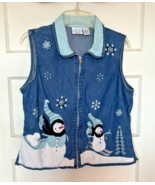 Vintage Carolina Blues Denim Vest with Snowman Embroidery Size L - $407.88 MXN