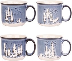 4 Assorted 14 Oz Reactive Blue With Forest And Moose Mugs - $55.39