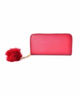 Wine Vegan Leather Zipper Wallet with Key Chain Pom Pom (7.5x1x4 in) New... - $160.81 MXN