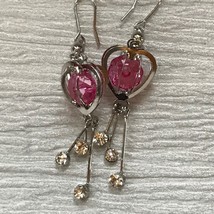Estate Long Silvertone Heart Shaped Cage w Pink Bead &amp; Clear Rhinestone Accents - £8.23 GBP