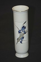 Old Vintage Grand Iris by Otagiri 6-5/8" Bud Vase Blue Iris Gray Lines Gold Trim - £15.57 GBP