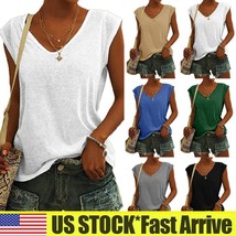  Womens Summer Short Sleeve Solid V Neck T Shirt Tops Casual Loose Blous... - $22.19