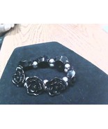 Chunky Wide Black Rose Flower Stretch Elastic Bracelet 1.5&quot; Wide - $17.58 CAD