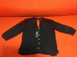 New Hollister Women Navy Blue Floral Lace 3/4 Sleeve Button Front Peasant Top S - £23.45 GBP