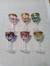 6 PCS GEM COLOR MOSER CRYSTAL LADY HAMILTON WINE GLASSES ETCHED GOLD BAND - $1,800.00