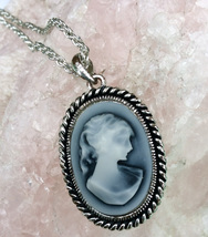Vintage Blue Cameo Necklace on A Silver Tone Chain - £15.72 GBP