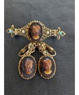 Florenza Brown Gemme Stange Brosche Ohrringe Kunstperle Strass Goldfarben - $2,376.60 MXN