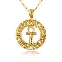 10k Solid Gold Egyptian Ankh Cross Cuban Chain Link Frame Pendant Necklace - £345.31 GBP+