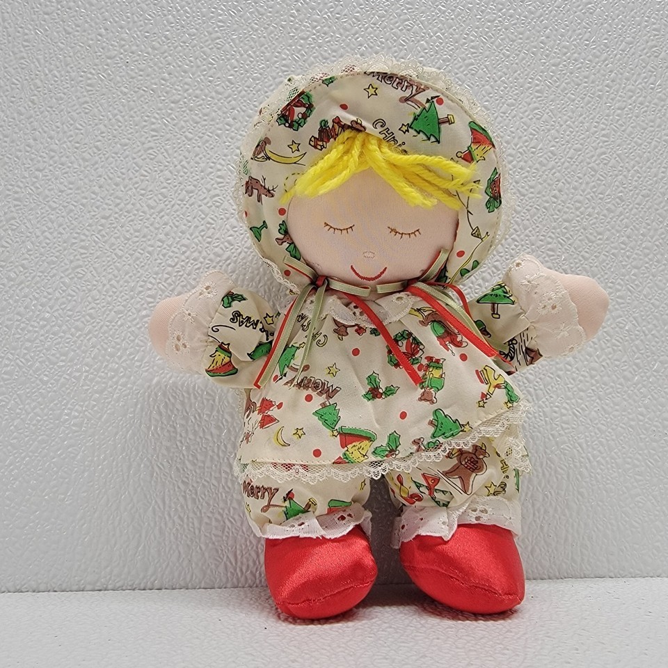 Vintage Cuddle Wit Christmas Cloth Rag Doll Plush 9&quot; Blonde Hair Red Sat... - $16.75