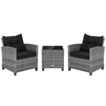 3 Piece Outdoor Wicker Conversation Set with Tempered Glass Tabletop-Black - $204.95