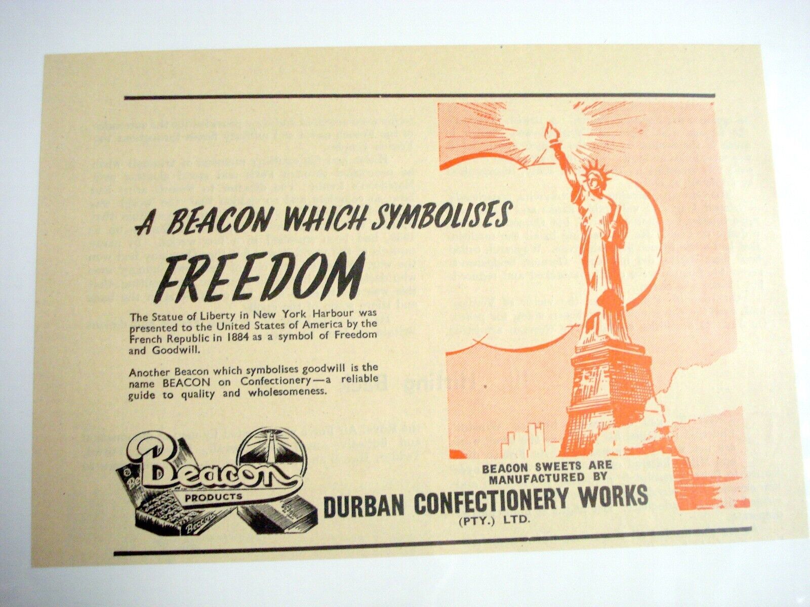 Primary image for 1945 South Africa Ad Beacon Sweets Statue of Liberty Illustration