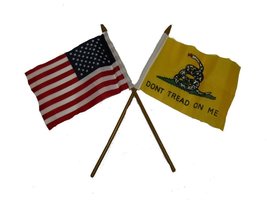 AES USA American Gadsden White Snake Flag 4&quot;x6&quot; Desk Set Gold Base Gold Staff Vi - $4.44