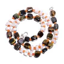 Natural Tiger Eye Moonstone Carnelian Gemstone Smooth Beads Necklace 17&quot; UB-4775 - £7.80 GBP
