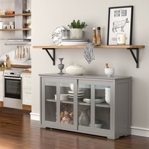 Grey Wood Buffet Kitchen Dining Sideboard Storage Cabinet w/ Glass Slidi... - $245.49