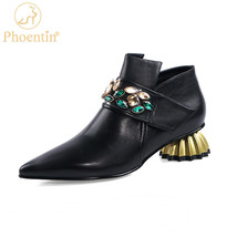 Elegant Crystal Ankle Boots Women mid Heels Pointed Toe Genuine Leather shoes La - £98.28 GBP