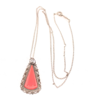 Red Coral and Sterling Necklace 18 inch Chain Made in Mexico Crown Mark - $27.54