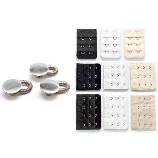 Spring button & 2- 3- 4-Hook Bra Extender Black, White, Beige (Variety 12-Pack)