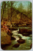 Vintage brook creek rocky forest fall winter woman fallen tree Postcard ... - £3.88 GBP
